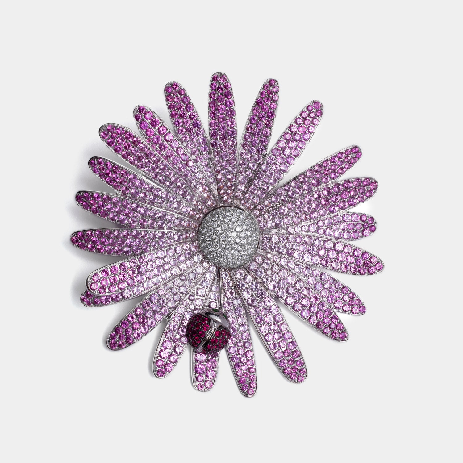 Flower Brooch with microscope pavee in white and pink 